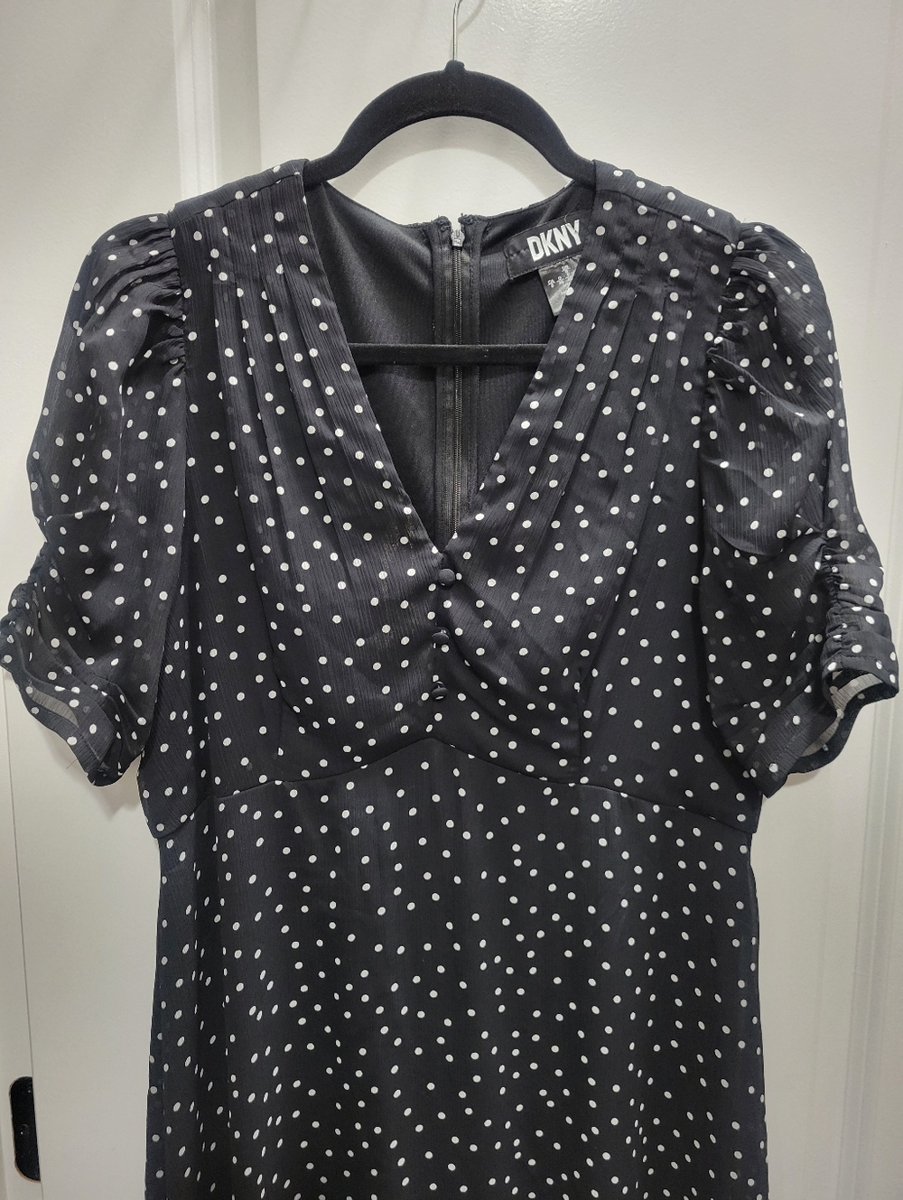 DKNY Black and White Polka Dot V-Neck Dress